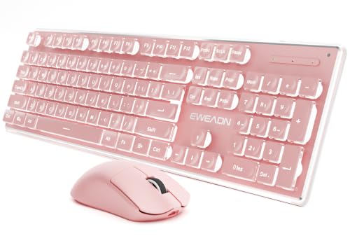 Wireless Keyboard and Mouse Combo with White Backlit Pudding Keycaps, Bluetooth & 2.4G, 2000mAh Rechargeable, Full Size, Metal Panel Quiet Computer Keyboard Set for Windows PC Desktop - Pink - color: Pink