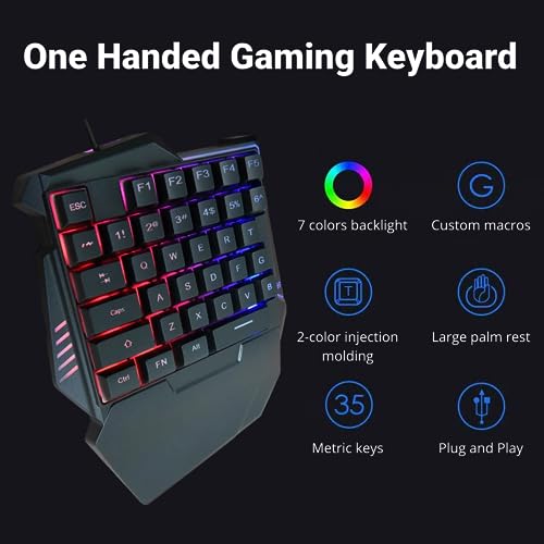 Yunseity One Handed Gaming Keyboard, G7 35 Keys RGB Mechanical Gaming Keypad with Wrist Rest, Wired USB Mini Ergonomic Customizable Keyboard for PC Esports