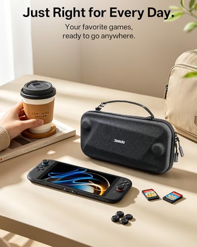 JEMDO Portable Slim Carrying Case for Switch 2, Hard Shell Travel Case | Shockproof EVA Shell with Soft Interior, 12 Game Slots, Dual Zippers, Adjustable Strap, 6 Thumb Grips - color: Black