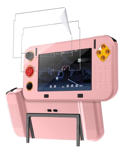 for My Arcade Atari Gamestation Go Silicone Grip Case With 2Pcs 6H PET Soft Film Screen Protector–Shockproof Non-Slip Full Protective Cover,Anti-Scratch Drop Protection Gaming Console Case,Pink