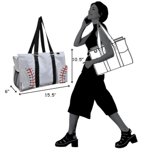 NGIL Utility Water Resistant Tote Bag | Work Tote for Women, Nurse Bag, Teacher's Choice Purse, Gym Bag, Everyday Organizer Top Zipper Closure - color: Baseball-white