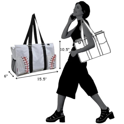 NGIL Utility Water Resistant Tote Bag | Work Tote for Women, Nurse Bag, Teacher's Choice Purse, Gym Bag, Everyday Organizer Top Zipper Closure - color: Baseball-white