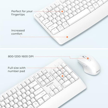 MEETION White Wireless Keyboard and Mouse, 2.4G USB Receiver Plug-and-Play, Computer Keyboard with Wrist Support, 3 Level DPI Mouse, Long Time Lasting Battery for PC/Mac/Windows/Laptop, White - color: White