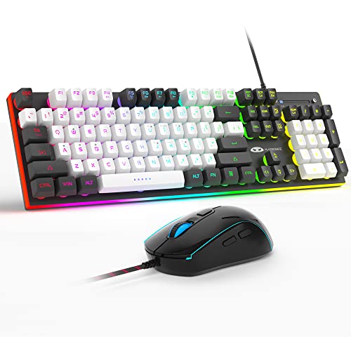 MageGee GT838 Gaming Keyboard and Mouse Combo, 104 Keys RGB Backlit Quiet Wired Keyboards for Laptop PC MAC, with Number Pad, Metal Panel, Anti-Ghosting, White Black - color: White Black