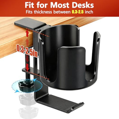 Desk Cup Holder Clamp with Headset Hook, Anti-Spill Water Bottle Stand Clip On Table Edge or Chair Armrests, Office Accessories for Coffee Drink Mug Bottles - size: 3.3 Inch, with Hook