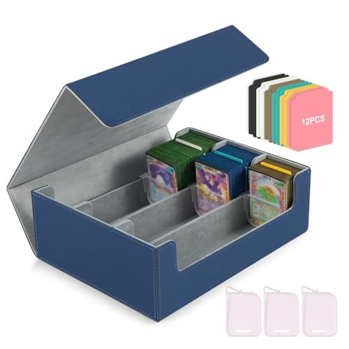 CLOKORIA Card Storage Box for Trading Cards,1800+ PU Leather Commander Card Deck Case with 12 Dividers and 3 Supporters,Magnetic Closure Card Holder Fits YuGiOh,MTG and Sport Cards(Blue, 3-Row)