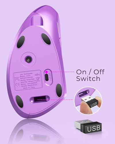 Lekvey Ergonomic Mouse, Wireless Vertical Mouse Rechargeable 2.4 GHz Optical Carpal Tunnel Mice : 800/1200 / 1600 DPI, 6 Buttons, for Laptop, PC, Mac, Computer, Desktop, Notebook etc, Purple - color: Purple