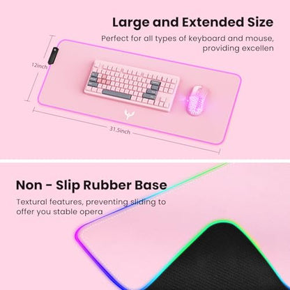 BladeHawks RGB Gaming Mouse Pad Extra Large Extended 31.5x12 Inch-Pink | LED mouse pad with 14 lighting modes, covers keyboard & mouse, anti-slip rubber base, waterproof surface, USB powered - color: Pink