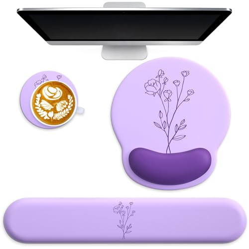 3 in 1 Ergonomic Mouse Pad and Keyboard Wrist Rest with Coaster Set-Purple | Cute Large Mousepad with Gel Wrist Support for Gaming Computer Laptop Women Office Home Desk Decor - color: C5-Purple with Little Flower