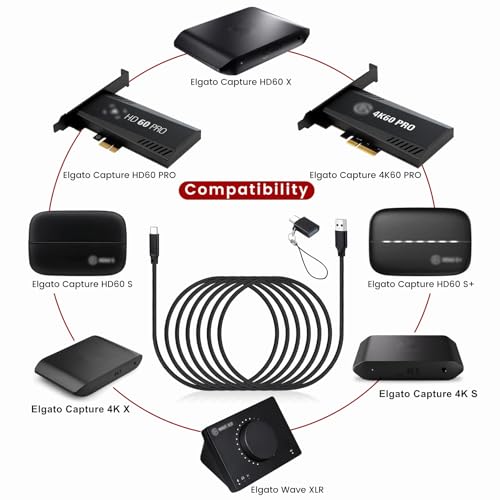 USB C Cable for Elgato 4K S, 4K X, HD60 S/S+, HD60 X Game Capture Card | USB 3.0 10Gbps Data Transfer, Super Fast Charging Cable with Adapter, Nylon Braided 6.6ft Long