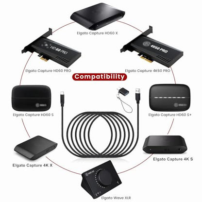 USB C Cable for Elgato 4K S, 4K X, HD60 S/S+, HD60 X Game Capture Card | USB 3.0 10Gbps Data Transfer, Super Fast Charging Cable with Adapter, Nylon Braided 6.6ft Long