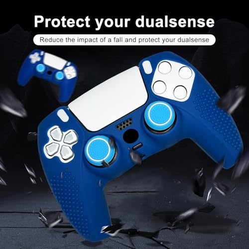 Anti-Slip Blue PS5 Controller Skin,Studded Edition Protective Silicone Cover Skin Grips Compatible with PS5/Slim/Pro Controller and 6 PCS Thumb Grips Caps. - color: Blue