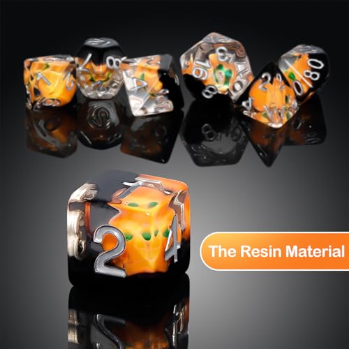 Halloween Pumpkin Theme DND Dice Set, 7 Pieces Polyhedral Resin Dice with Metal Storage Box, Orange and Black