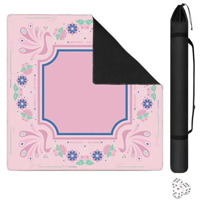 Mahjong Mat for Table with Carrying Bag & 3 Dice, Pink Peacock 31.5"x31.5" Square Rubber Mahjong Table Cover, Non-Slip & Noise Reduction Gaming Mat for Mah Jongg, Poker, Dominoes & Tile Games - color: Peach Pink