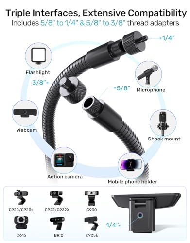 19" Webcam Stand Mount for Desk, Flexible Gooseneck Arm Cam Holder & Large Table Clamp for Logitech BRIO 4K C920 C920s C922 C922x C925e C930 C930e C960 C615 NexiGo N60, Light with 1/4" Thread