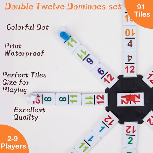 Doublefan Mexican Train Dominoes with Color Numbers,Double 12 Numerical Domino Game, Chicken Foot Dominoes Set with Aluminum Case, 91 Tiles Dominoï¼ˆ2-10 Player | For 2-8 players, 91 Number recessed mark tiles, Deluxe aluminum case, Chicken Foot play,boar