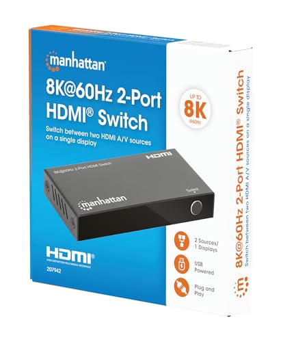 Manhattan HDMI 2.1 8K@60Hz 2 Port HDMI Switch -HDMI Switcher 2 in 1 Out with IR Remote, 8K 48Gbps, 4K@120Hz, Auto Selector Hub Support-3 Yr Mfrg Warranty-207942