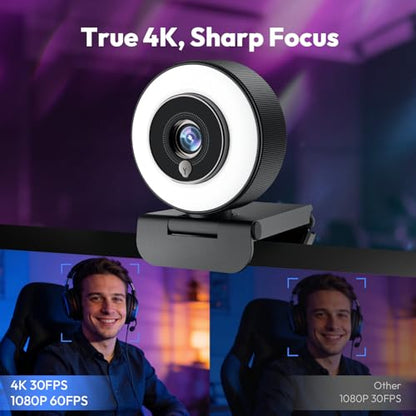 Angetube 4K Webcam with Ring Light, Computer Web Camera for Desktop, Laptop | 4K@30FPS, PDAF Autofocus, 1080P@60FPS, 2 Microphones, USB-A/C, Privacy Cover, Streaming Web Cam for PC Mac, Zoom Teams Twitch