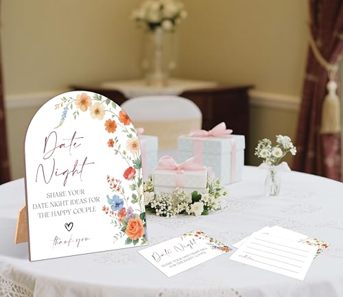 51 Pc Wildflower Date Night Ideas Game, Boho Flowers Bridal Shower Game, 6x8 Inch Arch Wooden Sign with Stand and 50 Date Night Cards, Wedding Shower Decor - YHZ03 - color: Wildflower03