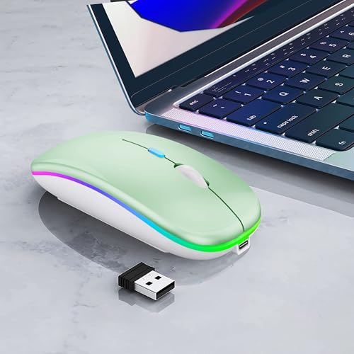WREANU Wireless Bluetooth Mouse Rechargeable Laptop Mice with LED Lights Silent Slim Use(BT5.2 and 2.4G Portable USB Receiver)Dual Mode Computer Mouse for Laptop/iPad/Tablet/Apple/Computer/Mac(Green) - color: Green Wireless Bluetooth Mouse