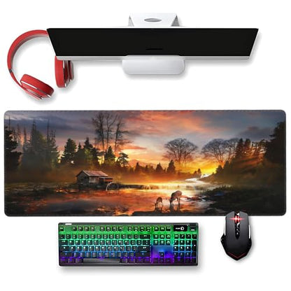 XXL Gaming Mouse Pad 35.4x15.7 inch, Autumn Forest Stream Landscape Theme Desk Mat,Large Waterwheel Deer Rainbow Scene Mousepad (Autumn Wooden House Deer) - color: autumn wooden house deer