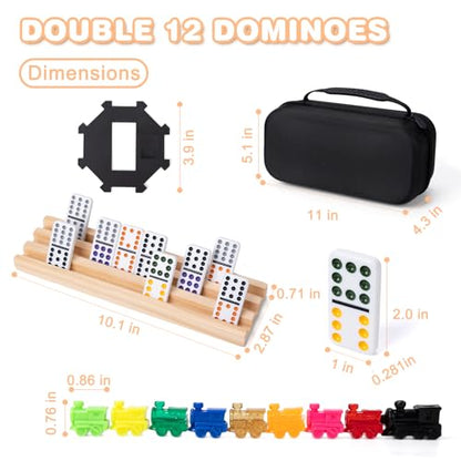 Mexican Train Double 12 Dominoes Set - 91 Tiles with 4 Wooden Trays & Travel Case, Family Board Game for Adults Kids Party Travel - style: 4 Tiles Holders, 91 Tiles Double 12 Dominoes Game Set
