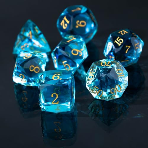 Resin DND Dice Set, 7 Pieces Handmade Sharp Edge Polyhedral Dice for Role Playing Game, Dice Accessory for D&D RPG Players and Starters d4 d6 d8 d10 d12 d20 with Gift Box (Light Blue) - color: Light Blue