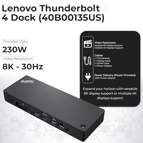 Lenovo 40B00135US Docking Station Thunderbolt 4 Dock - Universal Laptop Docking Stations with 135W Power Adapter + HDMI Cable + DisplayPort Cable + Thunderbolt Cable + Microfiber Cloth (Renewed