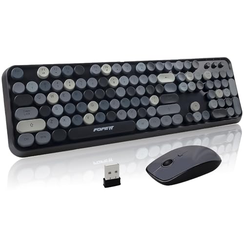 Wireless Keyboard and Mouse Combo - 2.4G Full-Sized Cute Colorful Retro Keyboard with Round Keycaps 104 Keys Typewriter Keyboard for Laptop/Windows/PC - Grey Colorful - color: V2020 Grey Colorful