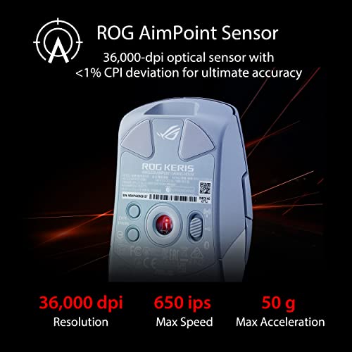 ASUS ROG Keris Wireless Aimpoint Gaming Mouse – Right-Handed Ergonomic, 75g, Tri-Mode Connectivity, 42K DPI, up to 119Hr Battery, PC/Mac Support - White - color: White, style: Keris