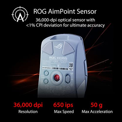 ASUS ROG Keris Wireless Aimpoint Gaming Mouse – Right-Handed Ergonomic, 75g, Tri-Mode Connectivity, 42K DPI, up to 119Hr Battery, PC/Mac Support - White - color: White, style: Keris