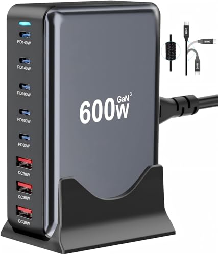 600W USB C Fast Charger Block, Multi-port USB Charging Station, GaN Ⅲ Double 140W PD PPS Port Fast Charging Station for Multiple Devices,Laptop Wall Charger Compatible with MacBook, iPhone 17,iPad etc - size: 600W+A 240W Fast Charging Cable Braided Nylon
