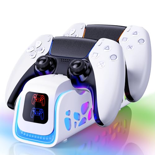 PS5 Controller Charger Dock for DualSense/Edge, 6 RGB Modes | ABS shell for PS5 setups charges DualSense/Edge controllers with auto-align dock, 6 RGB modes and safety chip