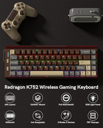 Redragon K752 Wireless Mechanical Keyboard, 60% Gasket Mount Gaming Keyboard with RGB Backlit, Creamy Sound, Tri-Mode 2.4GHz/BT5.0, Hot-Swappable, PBT Keycaps for PC/Mac Gamer