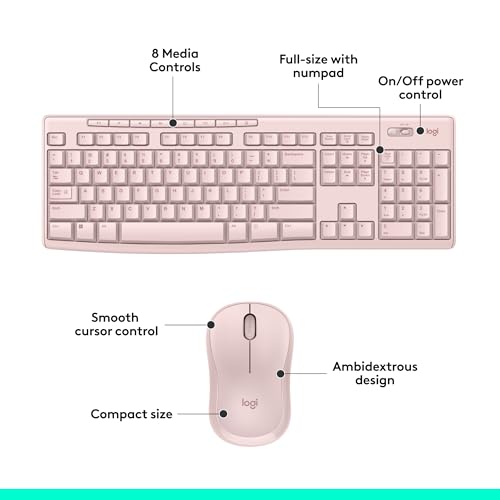 Logitech MK270 Full Size Wireless Keyboard and Mouse Combo - Rose | Full size keyboard with spill-resistant design, compact ambidextrous mouse, connect via single included USB-A Nano Receiver - color: Rose, size: 1 Pack, style: Combo