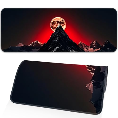 Gaming Mouse Pad, Large Desk Mat, Non-Slip Rubber Bottom, Stitched Edge Mouse Pad for Home, Office Desk, Gaming Keyboard Pad, 31.5 x 11.8 Inch, Desk Protector - color: Full Moon Mountain