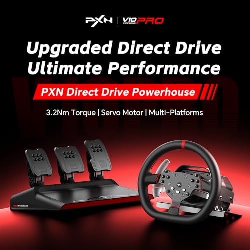 PXN V10 Pro Direct Drive Sim Racing Wheel, 3.2Nm Force Feedback | Servo Motor, 3 Hall-Effect Pedals, 4 Paddle Shifters, for PC, Xbox One, Xbox Series X/S, PS4