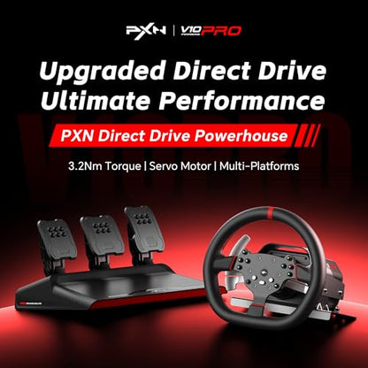 PXN V10 Pro Direct Drive Sim Racing Wheel, 3.2Nm Force Feedback | Servo Motor, 3 Hall-Effect Pedals, 4 Paddle Shifters, for PC, Xbox One, Xbox Series X/S, PS4