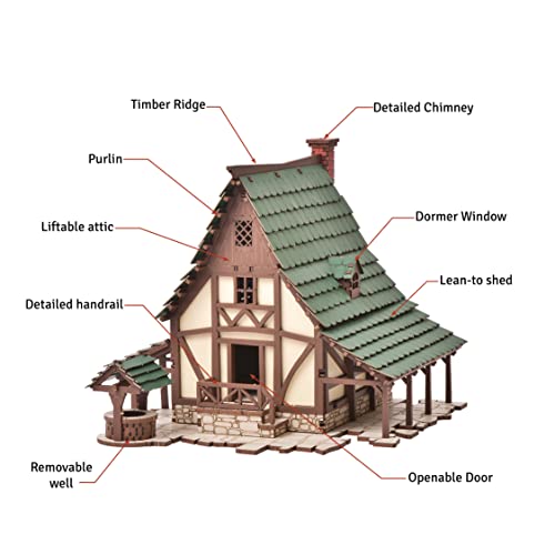 I Built It-PEASANT DWELLING-Architectural Wooden Model Kit-Medieval Europe-3D Puzzle-Terrain Scenery for Tabletop 28mm Miniatures Wargame - (DIY) - Educational Family activity-(Standard Texture) - color: Green Gables 14