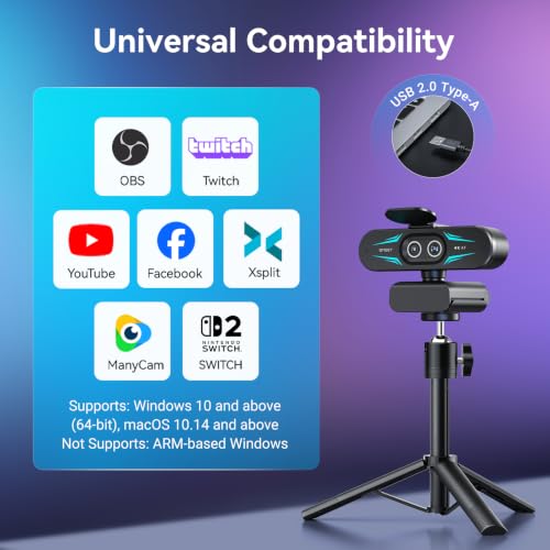 EMEET C60E Dual 4K Webcam for Streaming with Tripod, Wide-Angle and Telephoto Cameras, Max 11X Hybrid Zoom & PDAF Autofocus, Remote Control, RGB Lighting, 2 Mics, Plug & Play USB Webcam for PC & Mac - style: Dual-Camera w/ Tripod