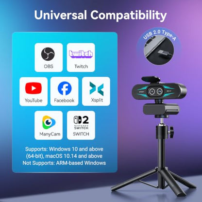 EMEET C60E Dual 4K Webcam for Streaming with Tripod, Wide-Angle and Telephoto Cameras, Max 11X Hybrid Zoom & PDAF Autofocus, Remote Control, RGB Lighting, 2 Mics, Plug & Play USB Webcam for PC & Mac - style: Dual-Camera w/ Tripod