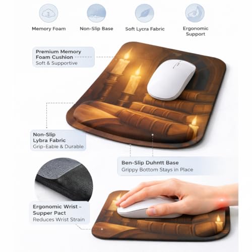 Ergonomic Memory Foam Mouse Pad with Wrist Support, Orange, Ultra-Smooth Surface, Anti-Slip Base (Book and Candle, Medium) - color: Book And Candle