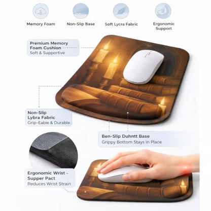 Ergonomic Memory Foam Mouse Pad with Wrist Support, Orange, Ultra-Smooth Surface, Anti-Slip Base (Book and Candle, Medium) - color: Book And Candle
