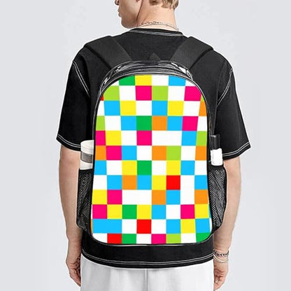 Clear Backpack with Mesh Pockets Stadium College Work | Stadium Approved, Colorful Checkerboard Print, Transparent, PVC See Through Bag for Beach Towels Seaside Sand Water - color: Pattern (507)