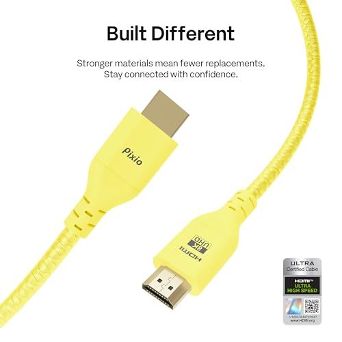 Pixio Yellow 8K HDMI 2.1 Cable Ultra Certified Ultra High Speed 10FT 8K 60Hz 4K 120Hz Nylon Braided Gold Plated Connector Anti-Breakage HDR10+ DTS eARC HDCP Dolby Compatible - color: Yellow, size: 10 ft