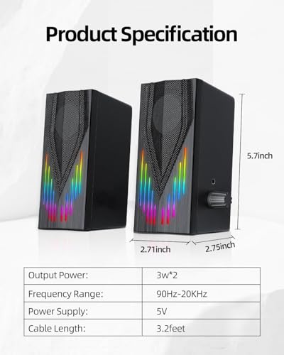 Uakinat Computer Speakers with 6 Colorful RGB Lights,USB Powered 3.5mm Aux with Loud Stereo Sound,Headphone-in for Desktop,PC/Laptop/Tablet Phone