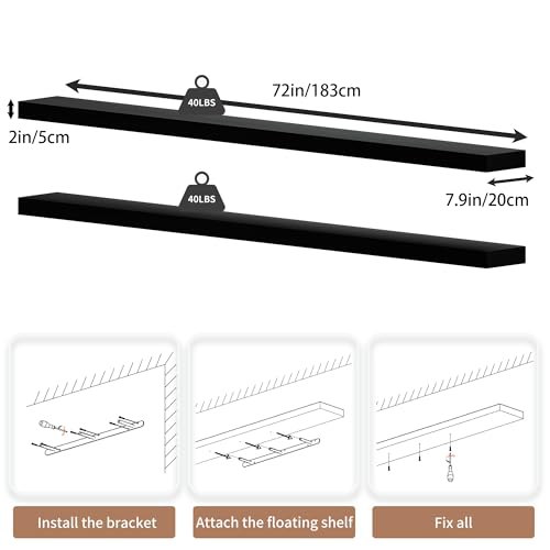 72 inch Long Floating Shelves for Wall,Solid Wood Long Wall Shelves Set of 2,Black Wooden Mounted Shelf,Bookshelf Bathroom Shelves (Black, 72 Inch) - color: Black, size: 72 Inch set of 2