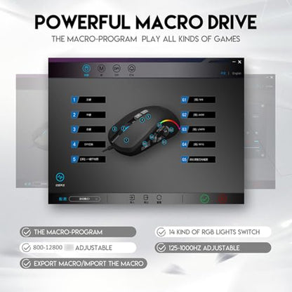 Zyyini RGB Gaming Mouse, 6 Adjustable 800-12800 DPI Wired Macro Mouse, 10 Programmable Buttons, 14 Lighting Effects, for PC Computer Game Office
