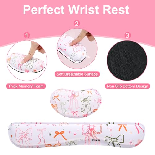 MEGREZ 4-in-1 Mouse Pad with Wrist Rest Ergonomic Memory Foam Desk Mat Set | ergonomic, anti-slip base, 4pcs set, desk pad, mouse wrist rest, keyboard rest, coaster, ideal for office & gaming - color: Bow