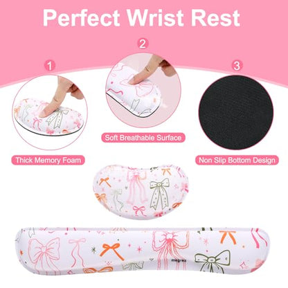 MEGREZ 4-in-1 Mouse Pad with Wrist Rest Ergonomic Memory Foam Desk Mat Set | ergonomic, anti-slip base, 4pcs set, desk pad, mouse wrist rest, keyboard rest, coaster, ideal for office & gaming - color: Bow